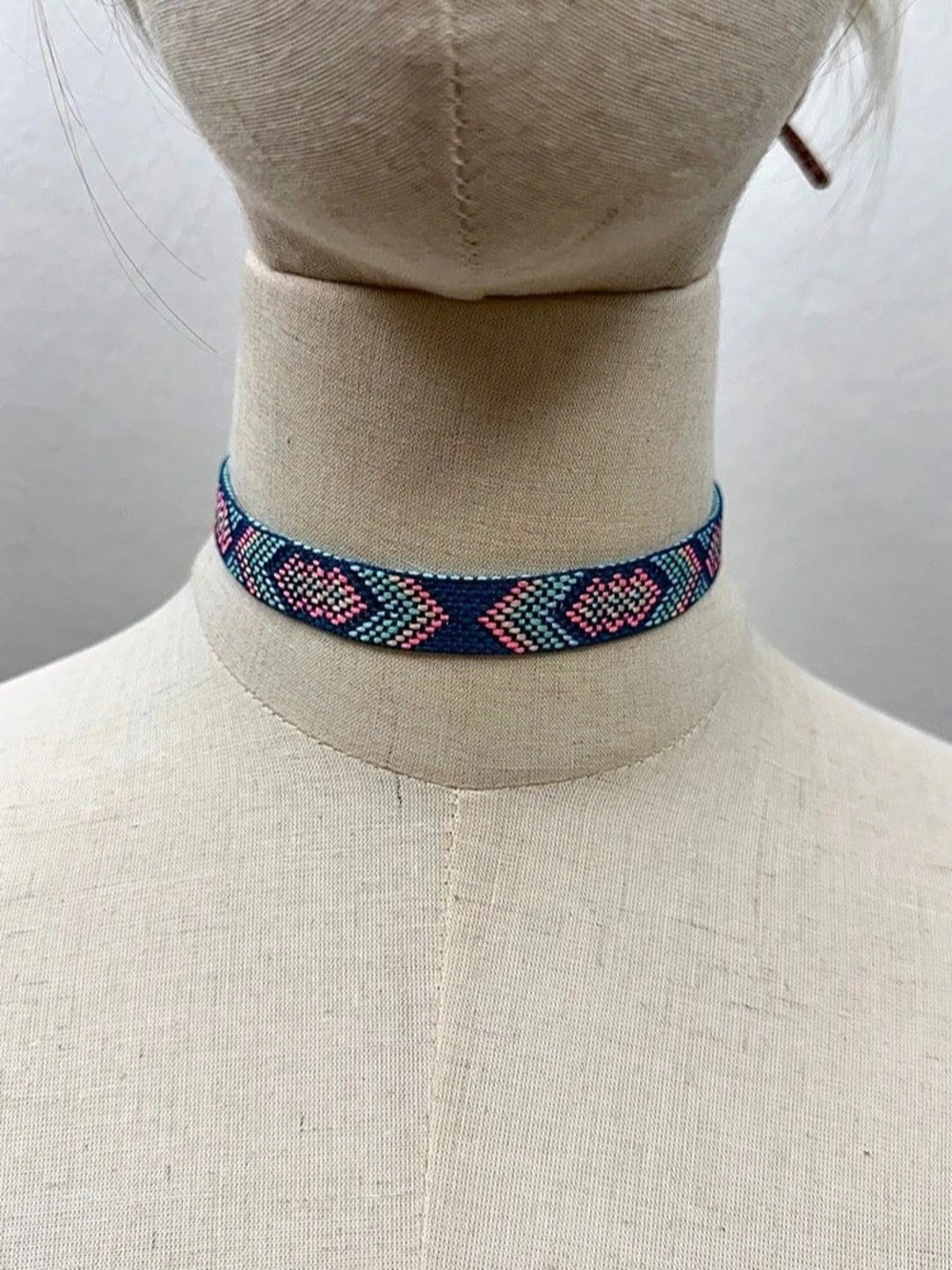 Navy Blue Woven Choker Necklace Pink Geometric Boho Adjustable Necklace